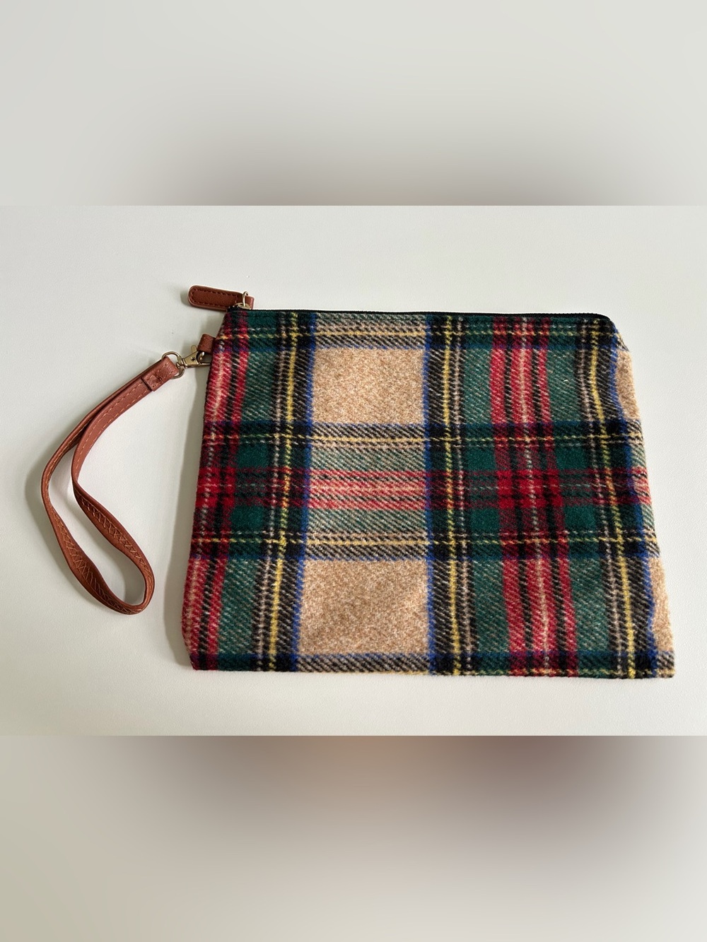 Plaid Wristlet Clutch in Red, Green & Tan